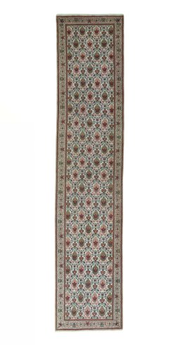 Full view of 2000s Tabriz rug from Iran / Persia, 398 × 86 cm in Beige tones