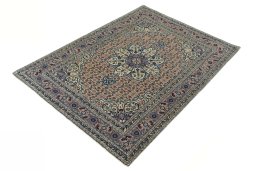Corner detail of 1950s Tabriz rug showing border pattern and Wool pile