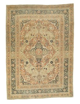 Full view of 1930s Tabriz rug from Iran / Persia, 190 × 137 cm in Beige tones