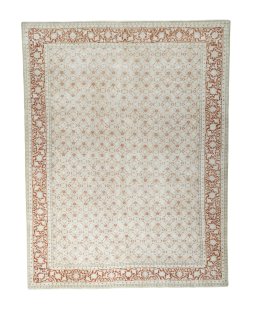 Full view of 2000s Tabriz rug from Iran / Persia, 387 × 297 cm in Beige tones