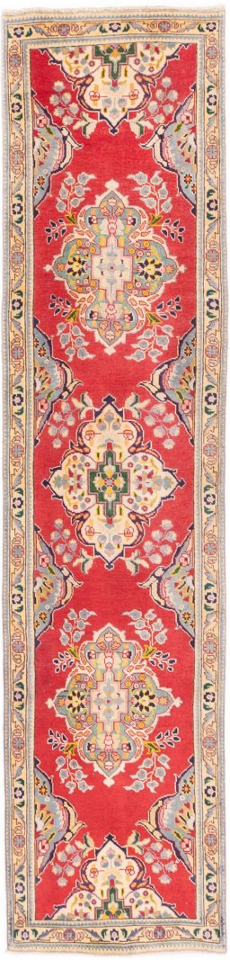 Full view of 2003s Tabriz rug from Iran / Persia, 340 × 76 cm in Red tones