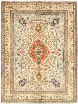 Full view of 1990s Tabriz rug from Iran / Persia, 195 × 145 cm in Cream tones