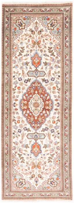Full view of 2005s Tabriz rug from Iran / Persia, 217 × 76 cm in Cream tones