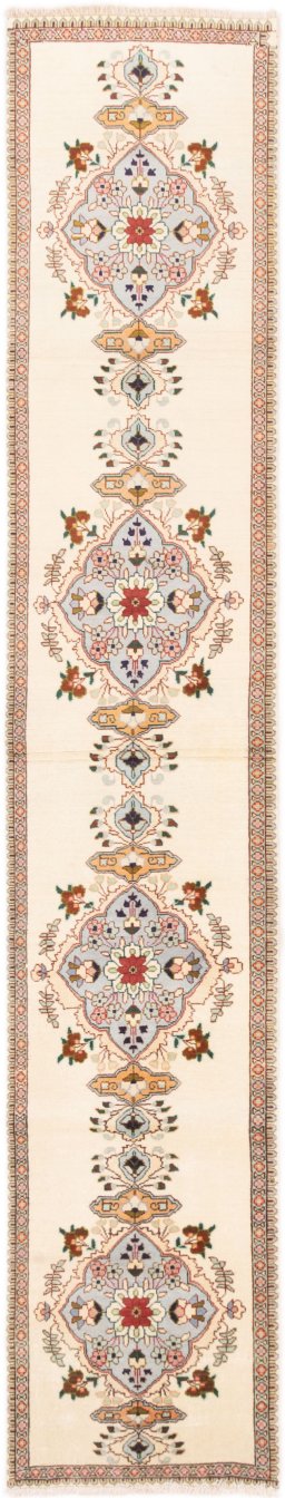 Full view of 1985s Tabriz rug from Iran / Persia, 376 × 68 cm in Cream tones