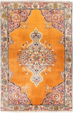 Full view of 2004s Tabriz rug from Iran / Persia, 142 × 95 cm in Yellow tones
