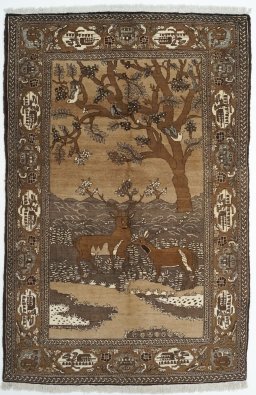 Full view of 1990s Tabriz rug from Iran / Persia, 209 × 135 cm in Beige tones