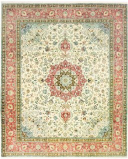 Full view of 2019s Tabriz rug from Iran / Persia, 290 × 242 cm in Beige tones