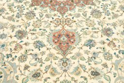 Corner detail of 2019s Tabriz rug showing border pattern and Wool pile