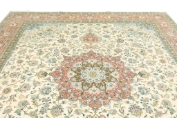 Full view of 2019s Tabriz rug from Iran / Persia, 290 × 242 cm in Beige tones