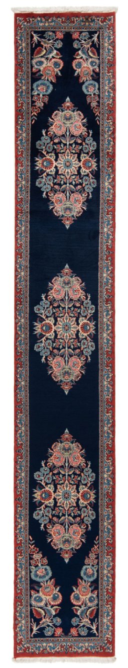 Full view of New Tabriz rug from Iran / Persia, 390 × 62 cm in Blue tones