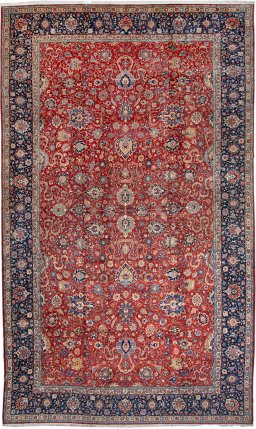 Full view of 1950s Tehran rug from Iran / Persia, 660 × 396 cm in Red tones
