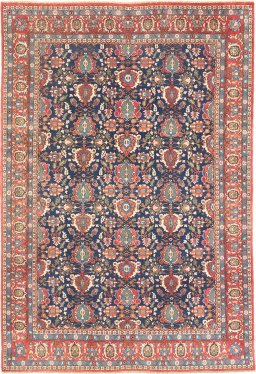 Full view of 1950s Varamin rug from Iran / Persia, 295 × 201 cm in Dark blue tones