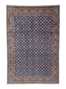 Full view of 1950s Varamin rug from Iran / Persia, 370 × 251 cm in Blue tones