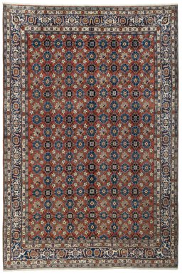 Full view of 1950s Varamin rug from Iran / Persia, 313 × 210 cm in Red tones