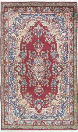 Full view of 1950s Yazd rug from Iran / Persia, 227 × 135 cm in Red tones