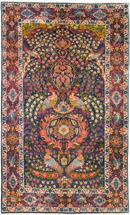 Full view of 1920s Yazd rug from Iran / Persia, 240 × 147 cm in Dark blue tones