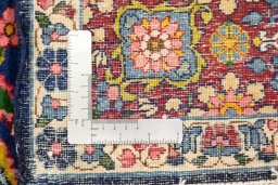 Full view of 1920s Yazd rug from Iran / Persia, 240 × 147 cm in Dark blue tones