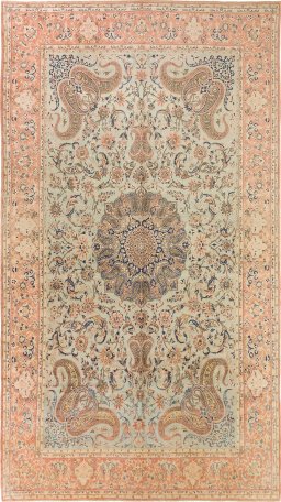Full view of 1950s Yazd rug from Iran / Persia, 540 × 303 cm in Blue tones