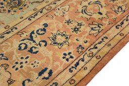 Full view of 1950s Yazd rug from Iran / Persia, 540 × 303 cm in Blue tones