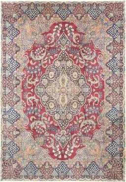 Full view of 1930s Yazd rug from Iran / Persia, 422 × 300 cm in Dark red tones