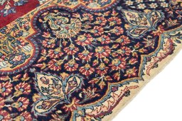 Full view of 1930s Yazd rug from Iran / Persia, 422 × 300 cm in Dark red tones