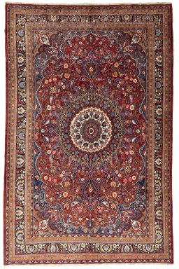 Full view of 2000s Yazd rug from Iran / Persia, 317 × 207 cm in Red tones