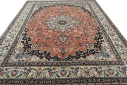 Surface texture of 2000s Yazd rug with natural Wool and intricate pattern