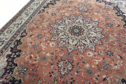 Backside of handmade 2000s Yazd rug showing knot structure and weave density