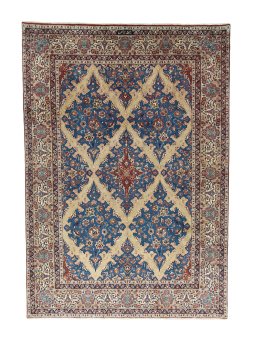 Full view of 1970s Yazd rug from Iran / Persia, 356 × 249 cm in Blue tones