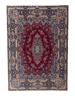 Full view of 1970s Yazd rug from Iran / Persia, 354 × 253 cm in Red tones