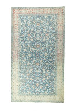 Full view of 1930s Yazd rug from Iran / Persia, 452 × 256 cm in Blue tones