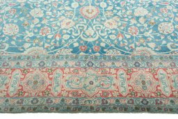 Full view of 1930s Yazd rug from Iran / Persia, 452 × 256 cm in Blue tones