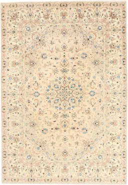 Full view of 2000s Yazd rug from Iran / Persia, 288 × 200 cm in Cream tones