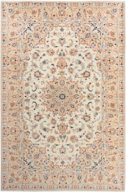 Full view of 2000s Yazd rug from Iran / Persia, 298 × 198 cm in Cream tones