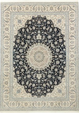 Full view of New Nain 6La with Silk rug from Iran / Persia, 433 × 314 cm in Black tones