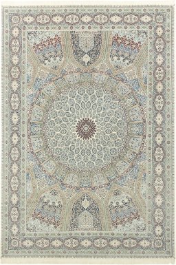 Full view of New Nain 6La with Silk rug from Iran / Persia, 433 × 297 cm in Black tones