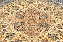 Corner detail of New Nain 6La with Silk rug showing border pattern and Wool pile