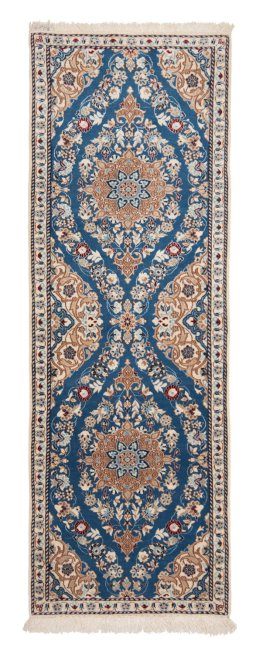 Full view of New Nain 6La with Silk rug from Iran / Persia, 145 × 50 cm in Blue tones