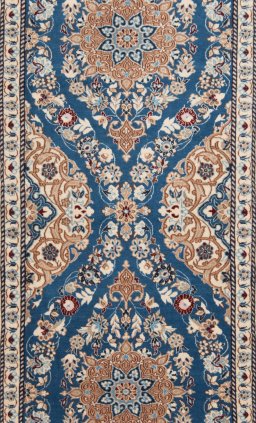 Corner detail of New Nain 6La with Silk rug showing border pattern and Wool pile