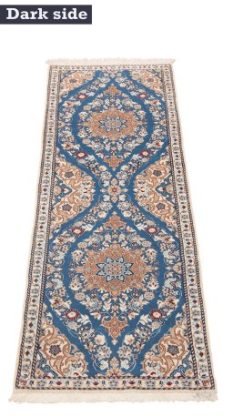 Backside of handmade New Nain 6La with Silk rug showing knot structure and weave density