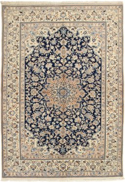 Full view of 2019s Nain 6La with Silk rug from Iran / Persia, 246 × 167 cm in Dark blue tones