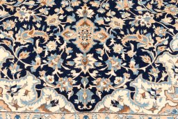Corner detail of 2019s Nain 6La with Silk rug showing border pattern and Wool pile