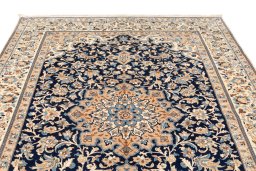 Full view of 2019s Nain 6La with Silk rug from Iran / Persia, 246 × 167 cm in Dark blue tones