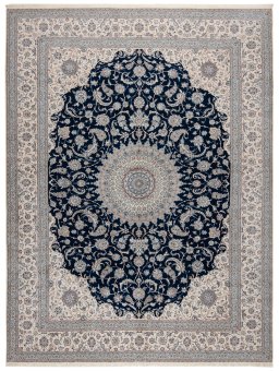 Full view of New Nain 6La with Silk rug from Iran / Persia, 419 × 314 cm in Dark blue tones