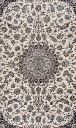 Corner detail of New Nain 6La with Silk rug showing border pattern and Wool pile