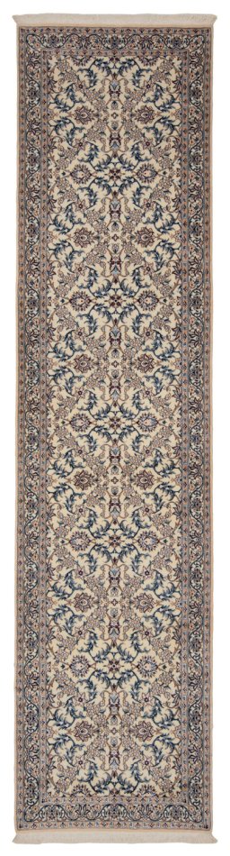 Full view of New Nain 6La with Silk rug from Iran / Persia, 312 × 77 cm in Beige tones