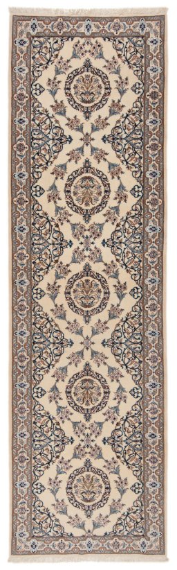 Full view of New Nain 6La with Silk rug from Iran / Persia, 310 × 92 cm in Beige tones