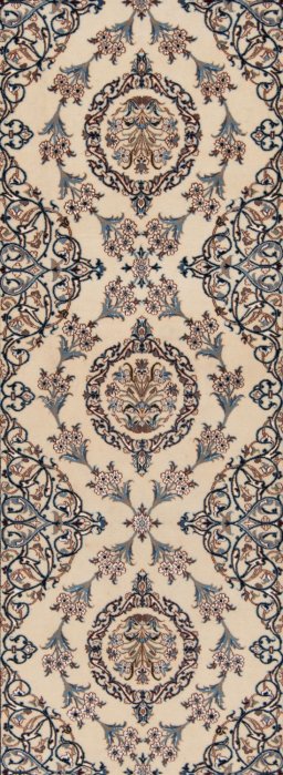 Corner detail of New Nain 6La with Silk rug showing border pattern and Wool pile