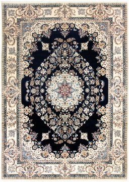 Full view of 2021s Nain 6La with Silk rug from Iran / Persia, 363 × 262 cm in Dark blue tones