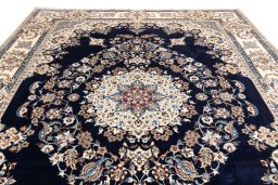 Full view of 2021s Nain 6La with Silk rug from Iran / Persia, 363 × 262 cm in Dark blue tones